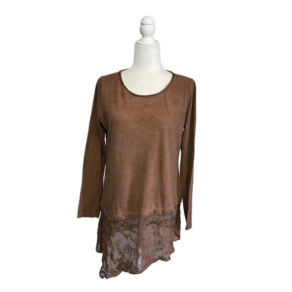 Soft Surroundings Brown Asymmetrical Hem Lace Long Sleeve Tunic Blouse Medium - Picture 1 of 5
